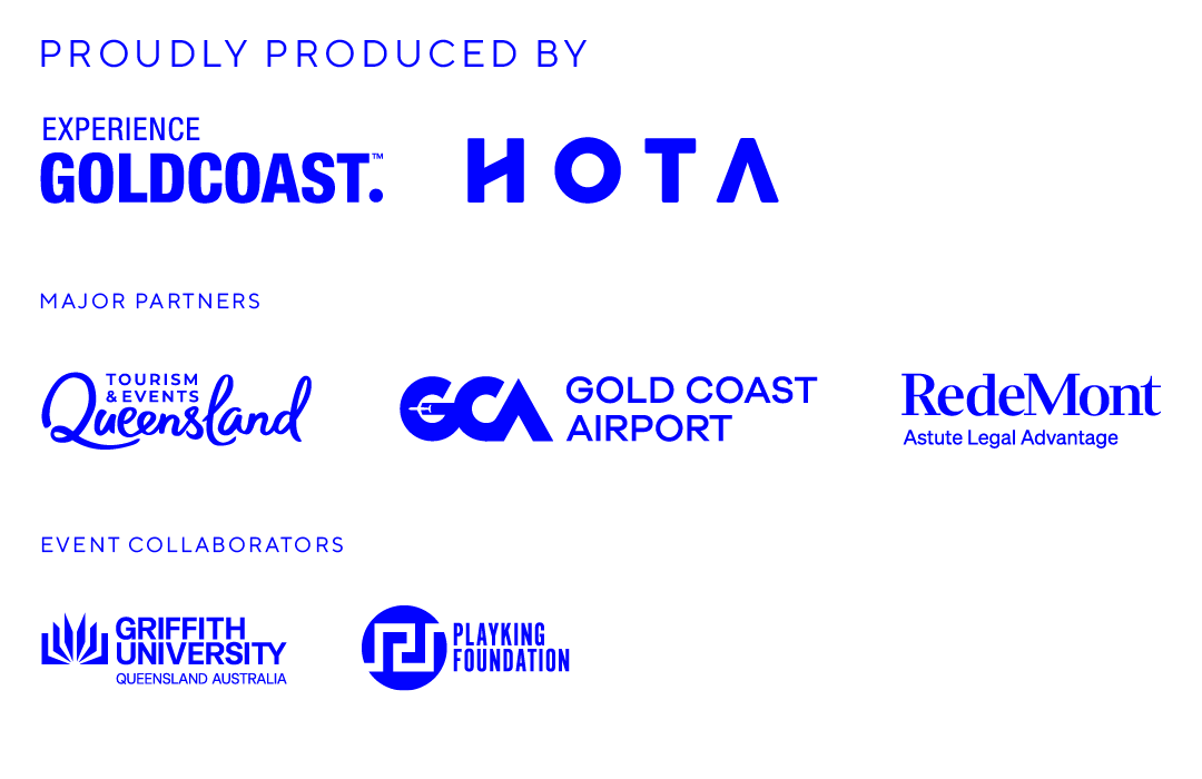 Logos of BLEACH* Festival producers and partners including Experience Gold Coast, HOTA, Tourism & Events Queensland, Gold Coast Airport, RedeMont, Griffith University, and Playking Foundation