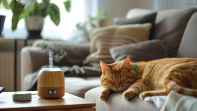 A ginger cat lays on a sofa next to an aroma diffuser
