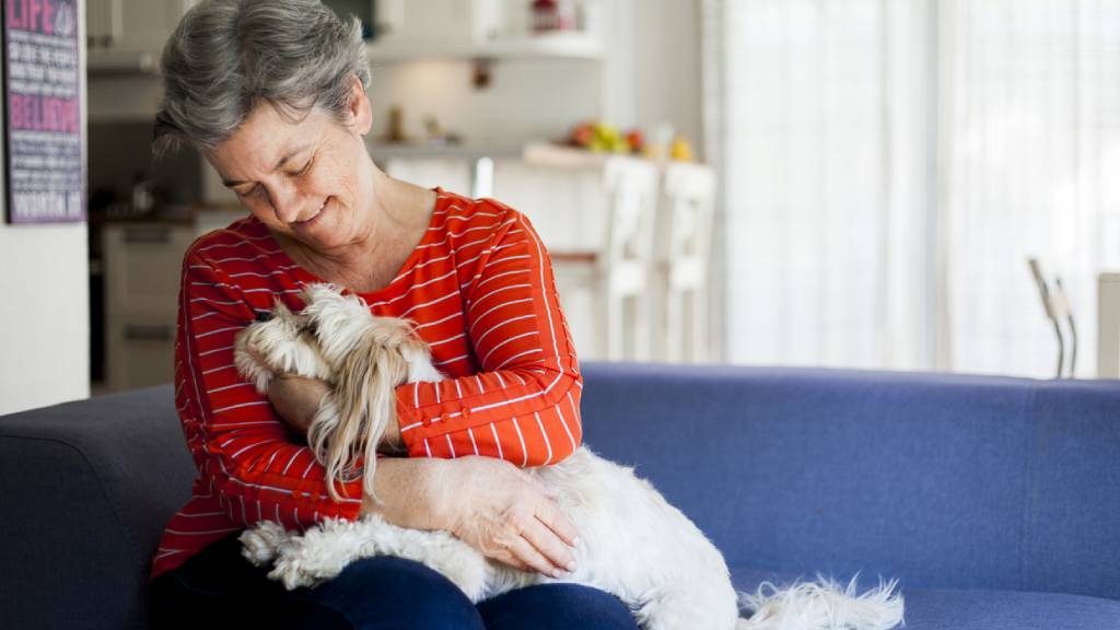 older woman comforting dog