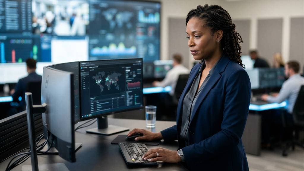 A professional woman working at a computer, with data and analytics displayed on screens in a modern office.