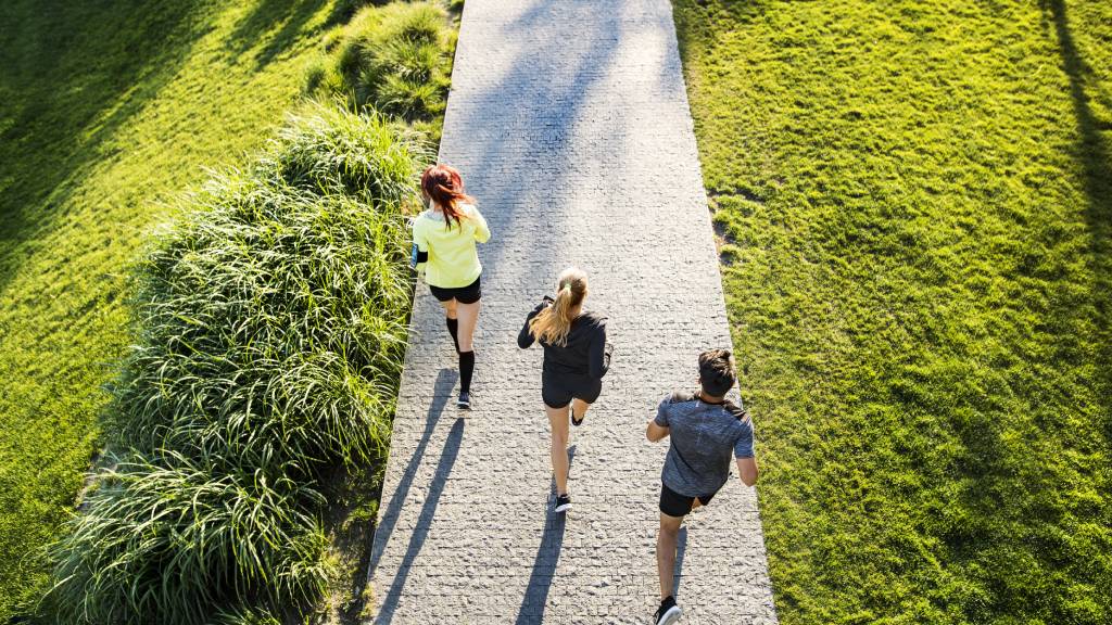 View of three runners as taken by a drone