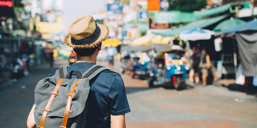 man travelling abroad