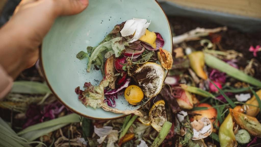 Person adds organic matter to compost bin