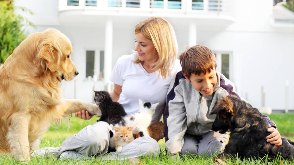 mum and children outside with family pets, cats and dogs