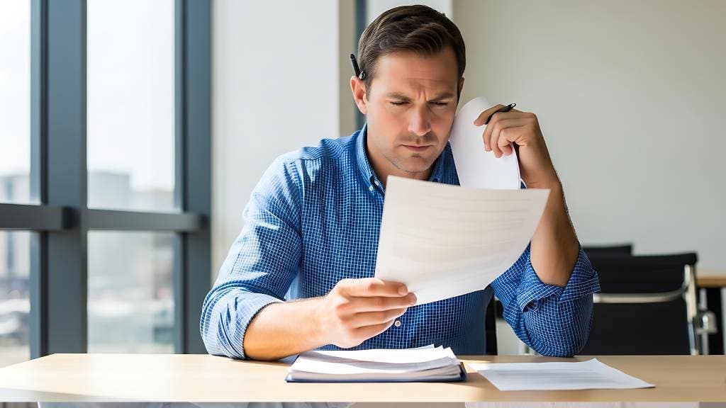 Man reviewing financial documents at a desk in a bright office