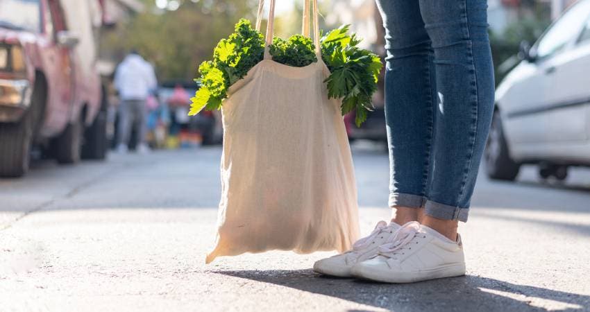 Woman with shopping bag full of vegetables