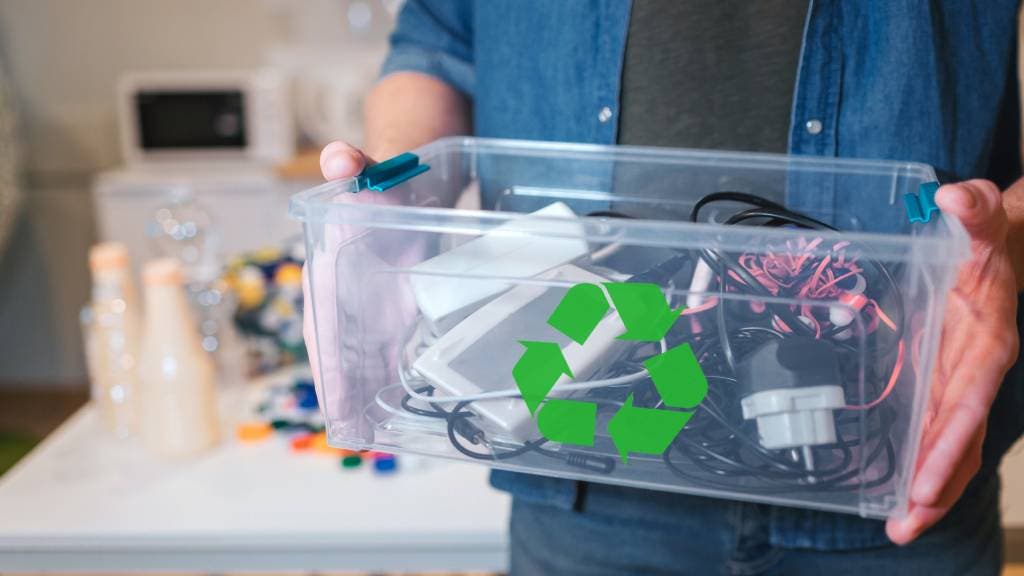 Man in denim shirt hold clear tub full of old tech cords and plugs. Tub features green recycle logo. 