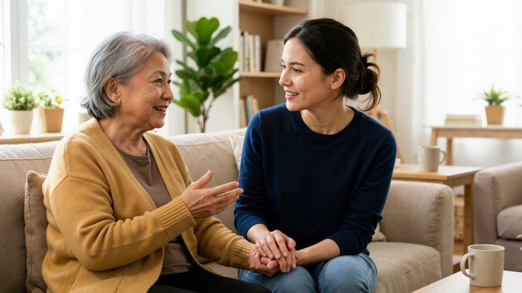 Older woman and younger woman talking and holding hands on a sofa	
