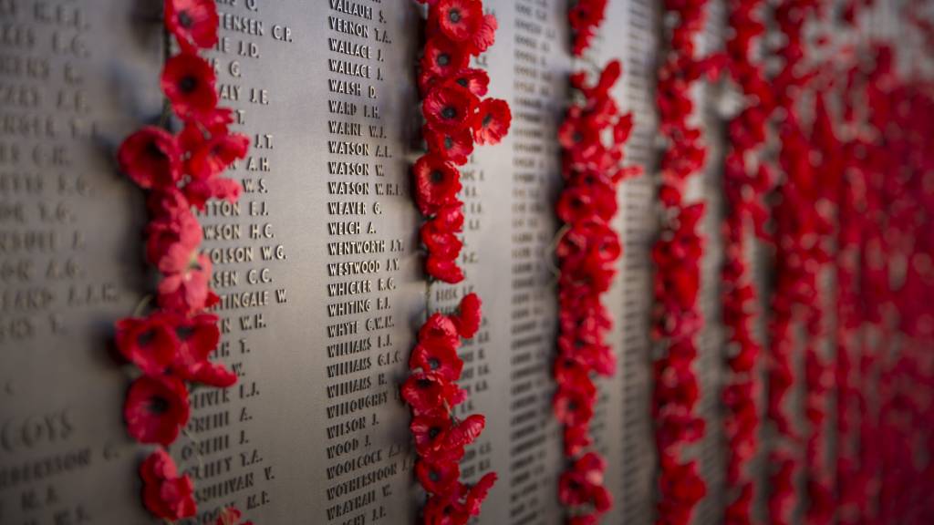 Poppies displayed near memorial name plaque for Anzac Day