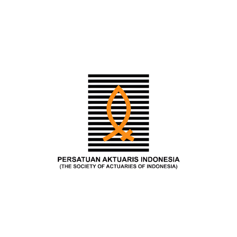Orange fish-shaped logo on black lines with black text reading "Persatuan Aktuaris Indonesia" and "The Society of Actuaries of Indonesia"