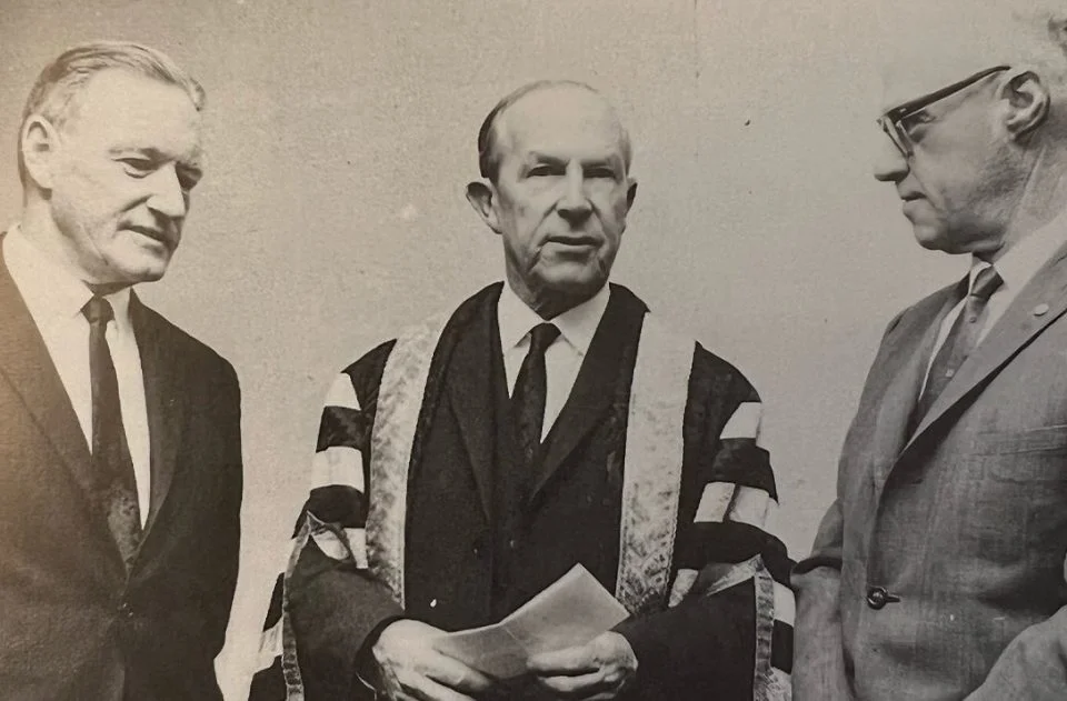 Chancellor of Macquarie University Sir Garfield Barwick (centre), President of Institute of Actuaries of Australia and New Zealand Sidney Caffin (right) and Director of Actuarial Studies Prof Alfred Pollard (left) at the handing over of the cheque for the sponsorship or the actuarial studies program in 1967.