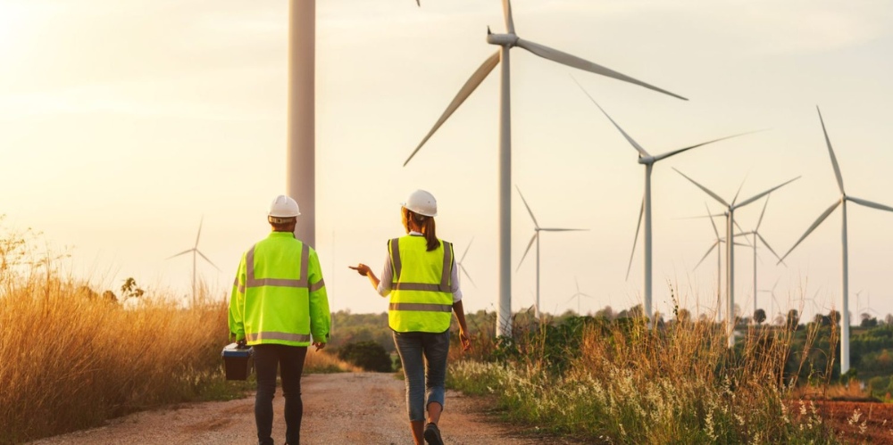 Wind farm with high grasses and two people walking toward the structures with high vis jackets and white hard hats