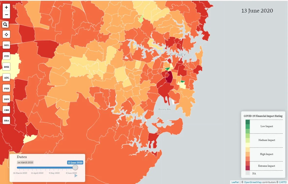 Figure 2 - Taylor Fry's Financial Impact Index highlights the mixed experience of Sydney at a postcode level . Areas hardest hit by the pandemic are central metropolitan areas - due to the concentration of professional services - and outer regions, where agriculture, farming and tourist destinations have been badly affected.