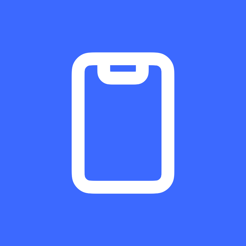 White mobile phone icon on blue background.