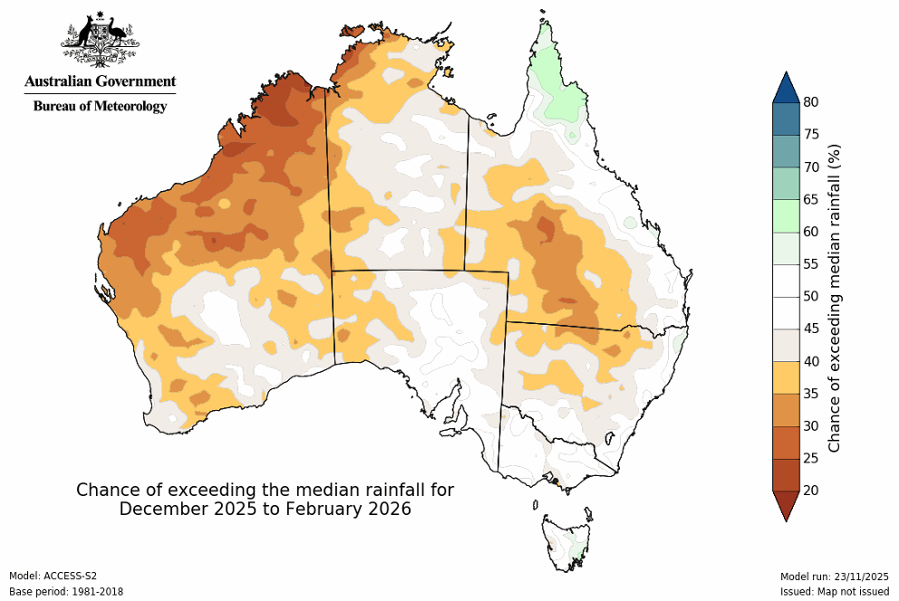 A graph of Australia showing the chance of exceeding the median rainfall for December 2025 to February 2026