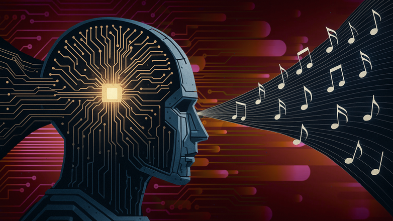 Illustration of a robotic head in profile with a glowing circuit-brain, projecting musical notes from its face against a dark red digital background.