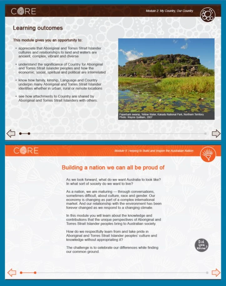 Two content samples of the CORE Cultural Learning modules.