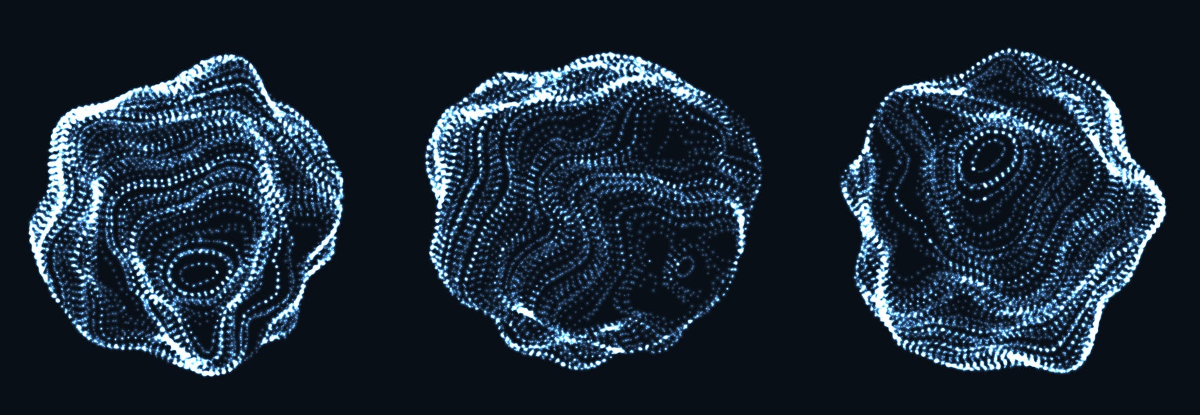 Set of corrupted point spheres. Collection of globe grids with a broken structure. Kit of 3d objects consist of glowing particles