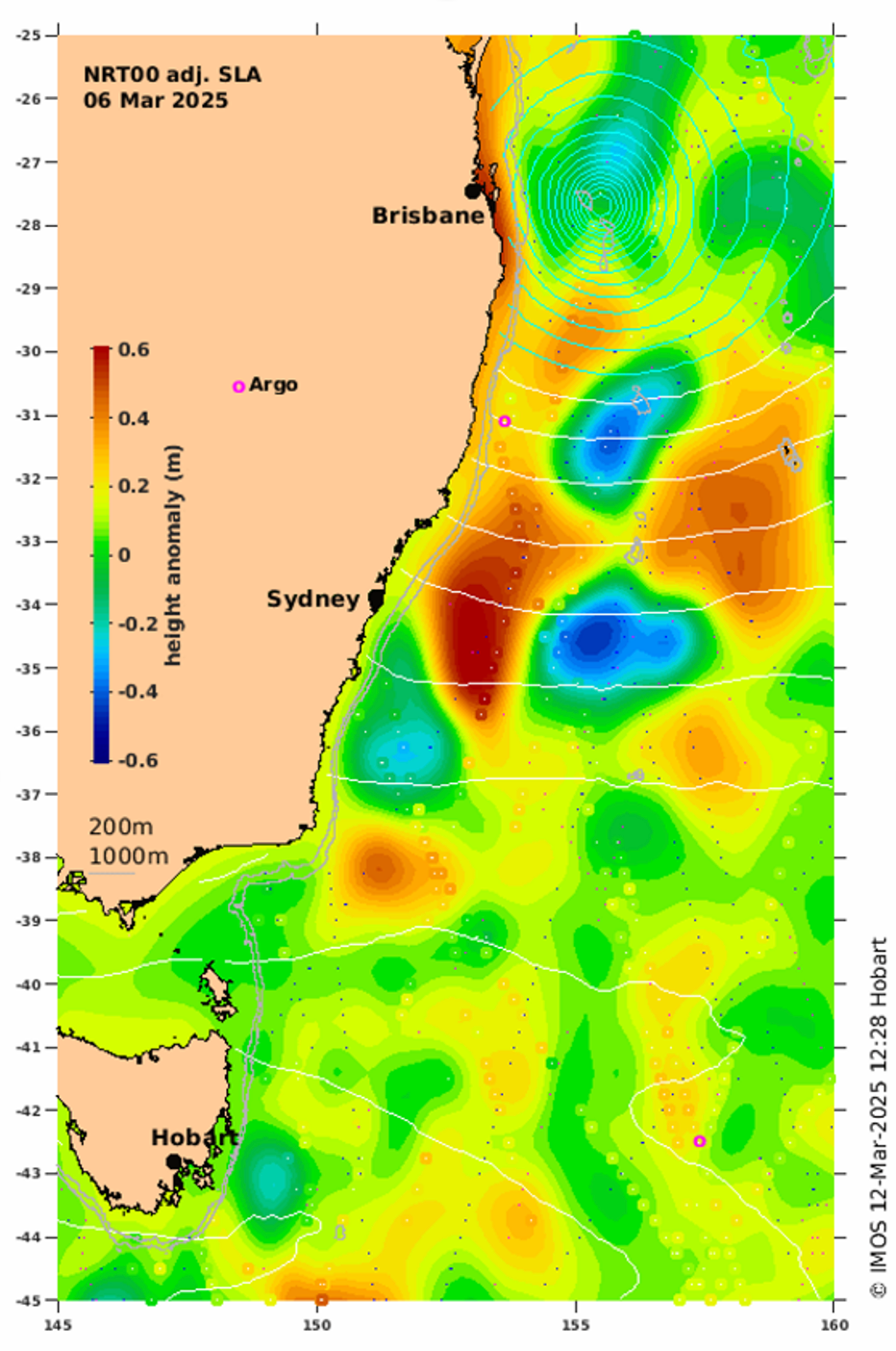 A heat map of the adjusted SLA off Australia's East Coast on 6 March 2025. Atmospheric isobars are shown in cyan (low pressure) and white (high pressure).