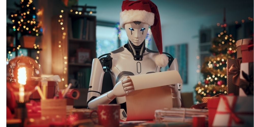 Humanoid AI robot Santa Claus reading letters at home and preparing for Christmas