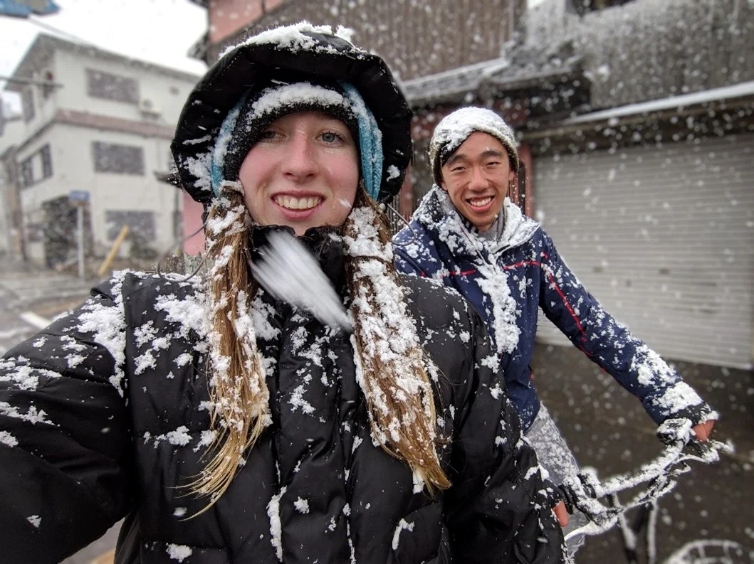 Harrison and his partner battling the elements in Kyoto, Japan.