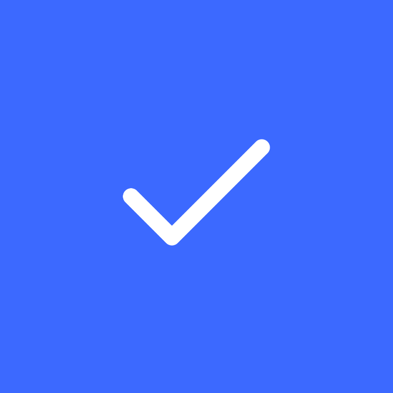 White tick icon on blue background.
