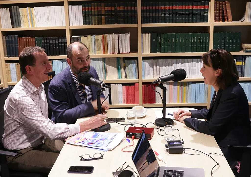 From left: Andrew Matthews, Franceso Paolucci and Vanessa Beenders engage in discussion during the recording of the podcast.
