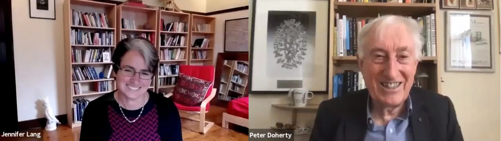 Actuary Jennifer Lang and Laureate Professor Peter Doherty in the 20/20 All Actuaries Virtual Summit Plenary Session: COVID-19 - Understanding the Science, the Epidemiology and How to Make Sense of it All