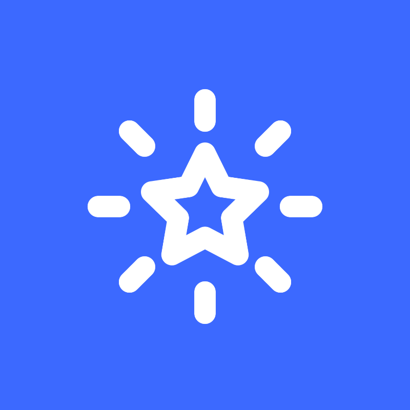 White starburst icon on blue background.