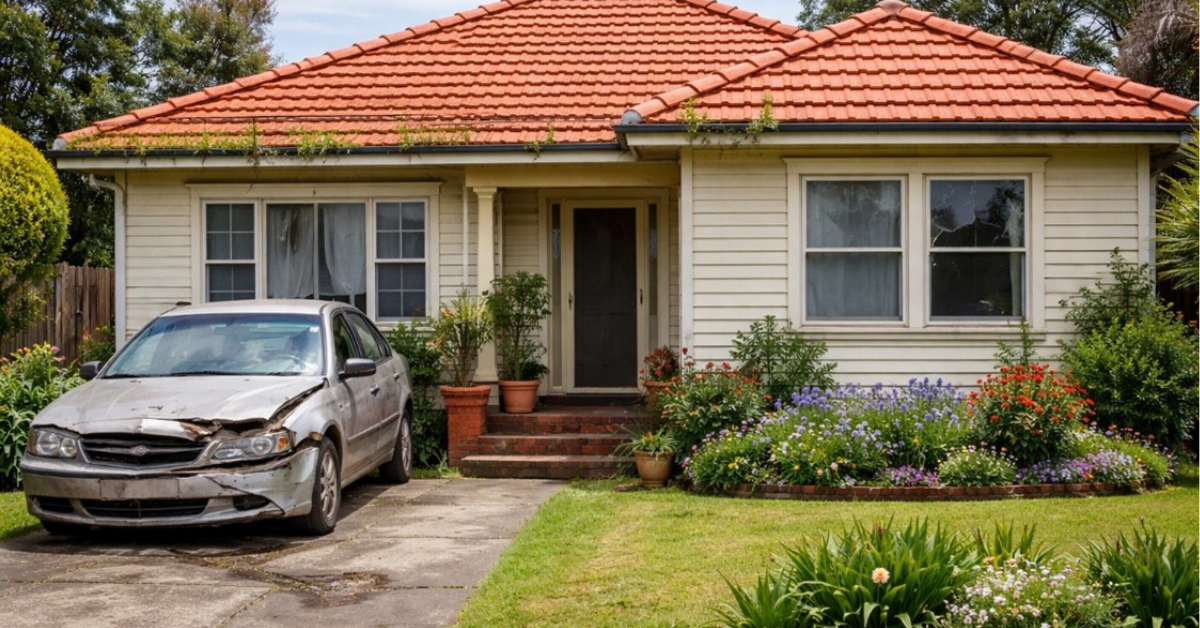 A suburban home with a terracotta tile roof and colourful garden, with a visibly damaged car parked in the driveway — illustrating the kind of property and vehicle risk signals that multimodal AI models can identify from image data.