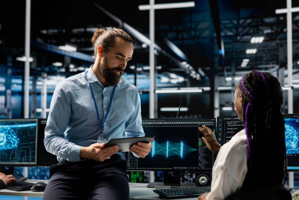 Data centre manager and intern adjusting AI model parameters to upgrade systems