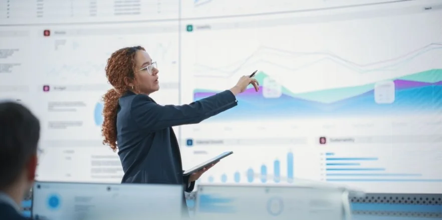 Corporate women examining risks on big display screens.
