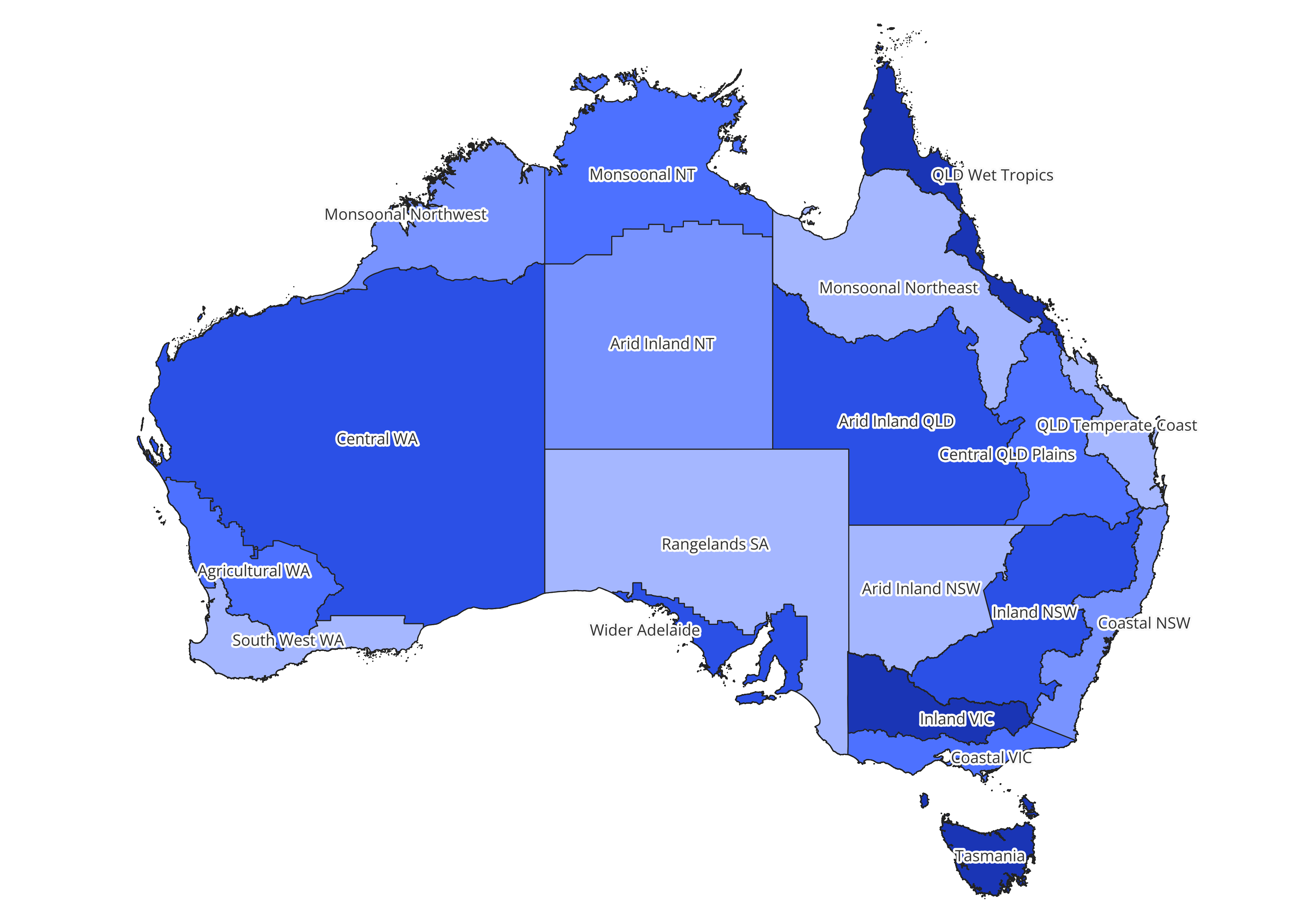 Map of Australia with different coloured sections to represent regions.