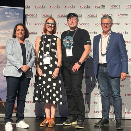 Actuaries Elayne Grace, Victor Bajanov and Craig Price (pictured left to right and with Kellie Nuttall) at CEDA AI Leadership Summit 2025