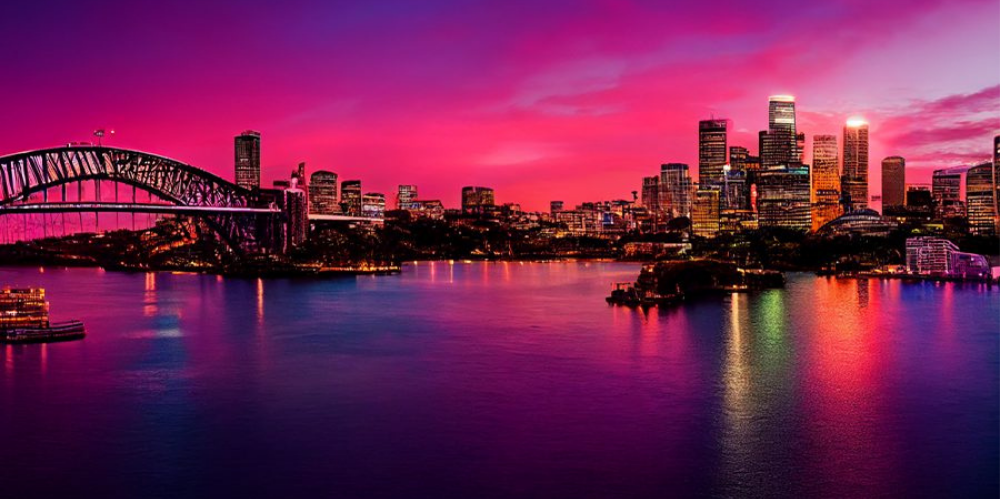 Generated images can be near-photo quality in some cases. Midjourney output of ‘city skyline at sunset, pink and purpose, Sydney Harbour, detailed’. Under a CC BY 4.0 license.