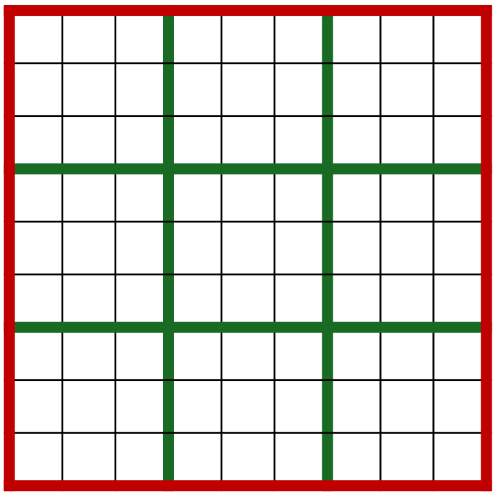 A blank 9x9 Sudoku grid with festive Christmas colours. The grid features thick green lines dividing the nine 3x3 boxes, with thin black lines separating individual cells, all framed by a bold red border.