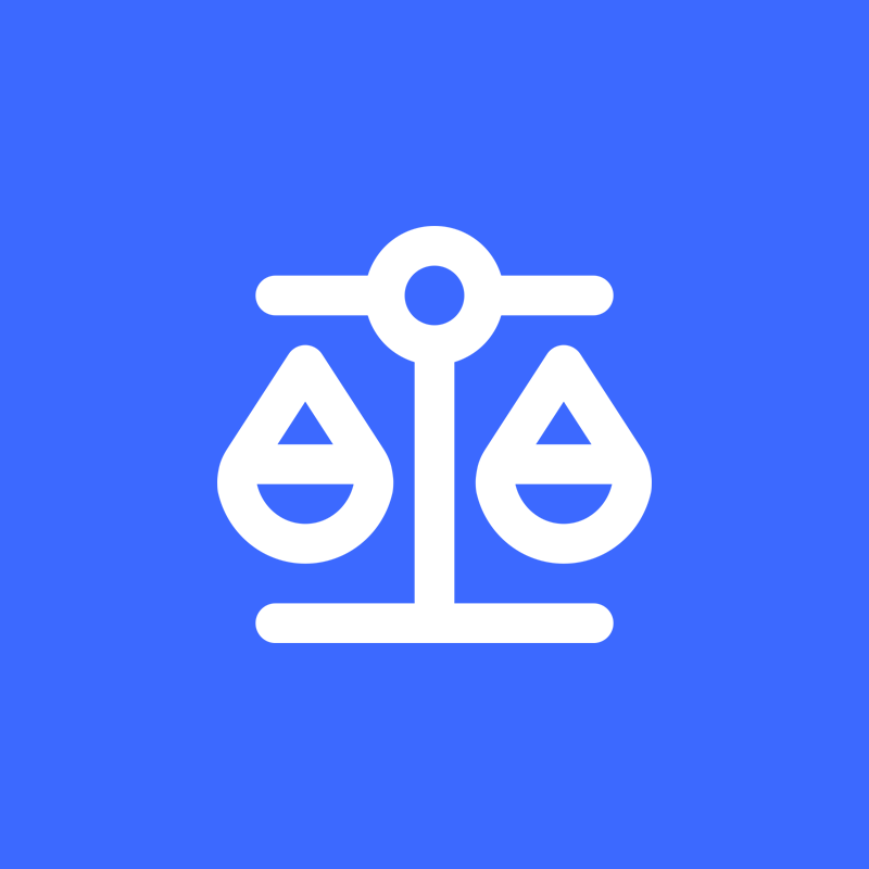 Blue and white icon of ethical scales in the middle.