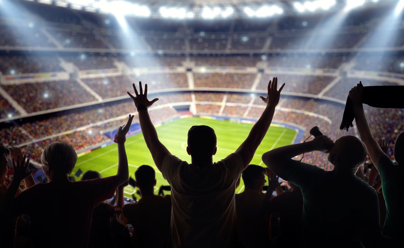 A long-range shot of a stadium field, floodlights and seating. A green field, with painted white lines, is visible in the foreground. On the foreground a group of fans is celebrating a goal. In the background are diffuse out-of-focus stadium seats. Large, bright floodlights are in the top-left and top-right corners of the image.