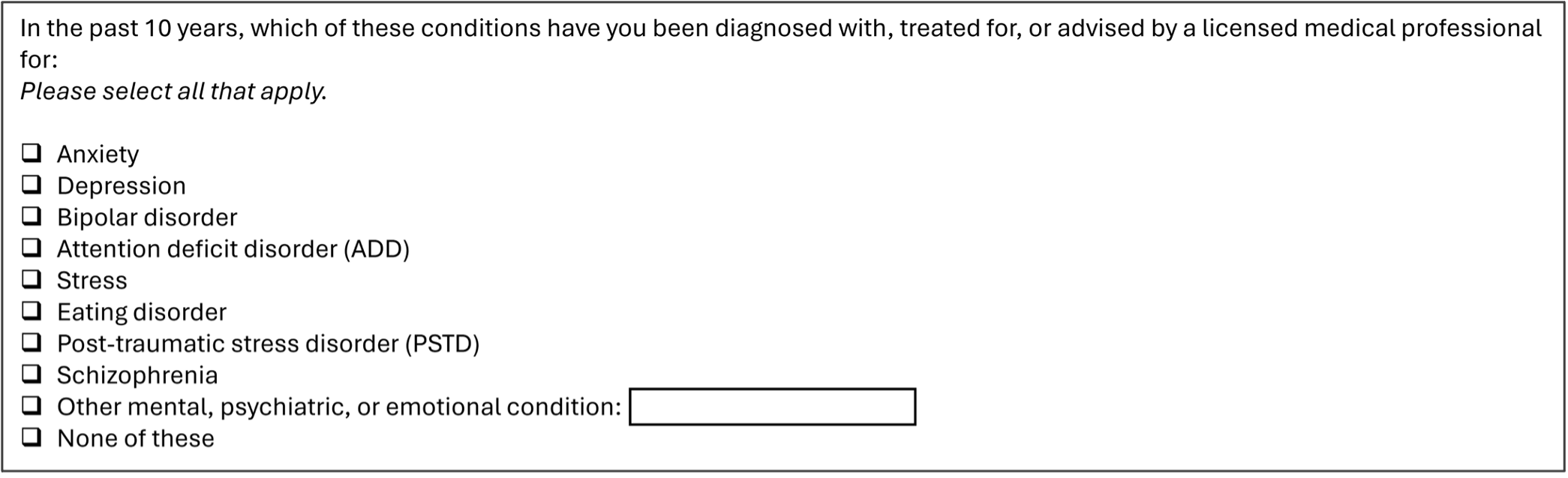 A figure showing a questionnarie with mental health questions.