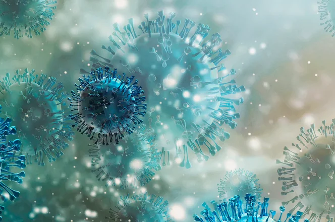 A visual representation of the COVID-19 virus under the microscope.