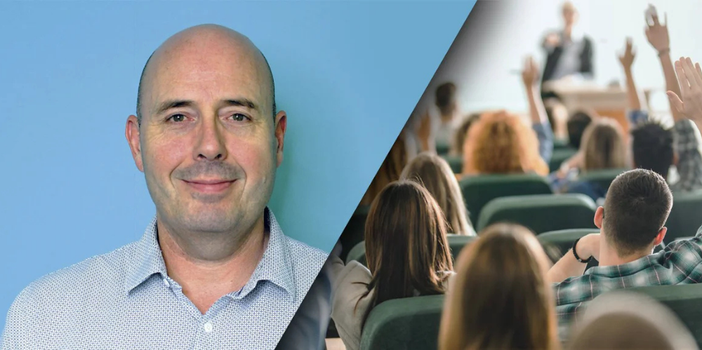 A composite image of Mike Callan, EGM Education at the Actuaries Institute, alongside an audience of students with raised hands in a lecture setting.
