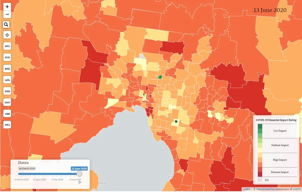 Figure 1 - Taylor Fry's Financial Impact Index displays the severe financial impact COVID-19 has had on Melbourne, which continues to lead Australia in daily confirmed cases, leading to increased restrictions and greater financial effects.