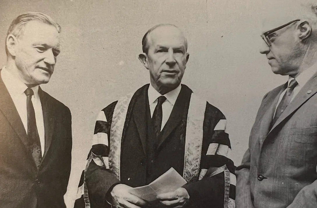 Chancellor of Macquarie University Sir Garfield Barwick (centre), President of Institute of Actuaries of Australia and New Zealand Sidney Caffin (right) and Director of Actuarial Studies Prof Alf Pollard (left) at the handing over of the cheque for the sponsorship or the actuarial studies program in 1967.
