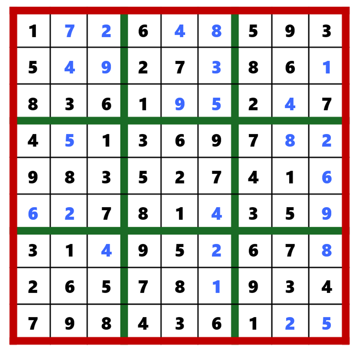 Completed 9x9 sudoku grid with festive red border and green dividing lines. Black numbers show the initial clues converted from musical notes, while blue numbers show the solved entries.