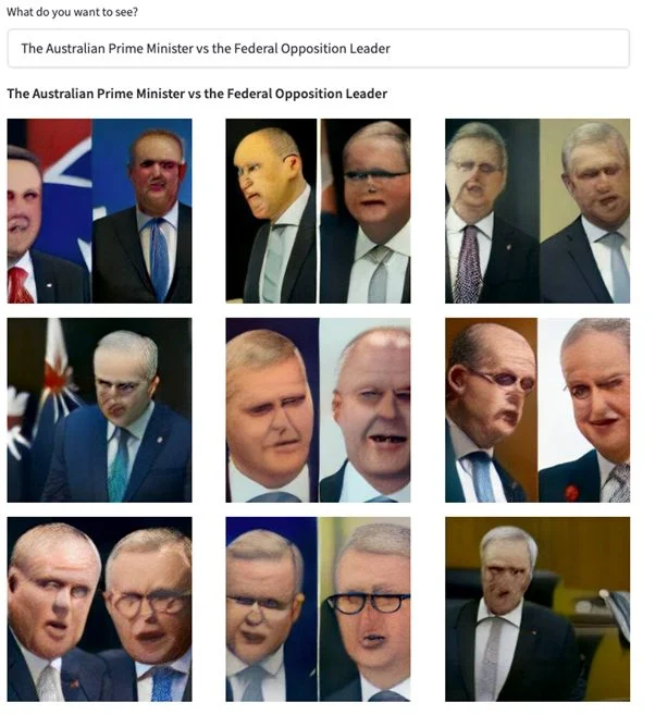 "The Australian Prime Minister vs the Federal Opposition Leader" - Another DALL-E mini creation, generated 6 May 2022. On the topic of algorithmic bias, it is interesting to see the generated politicians are all of a similar demographic…