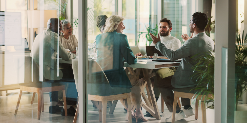 Business, people and meeting presentation in office for project research, teamwork and budget discussion. Staff, communication and online of investment proposal, information and feedback in boardroom