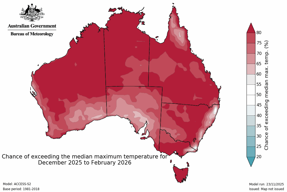 A graphic of Australia showing the chance of exceeding the median maximum temperature for December 2025 to February 2026