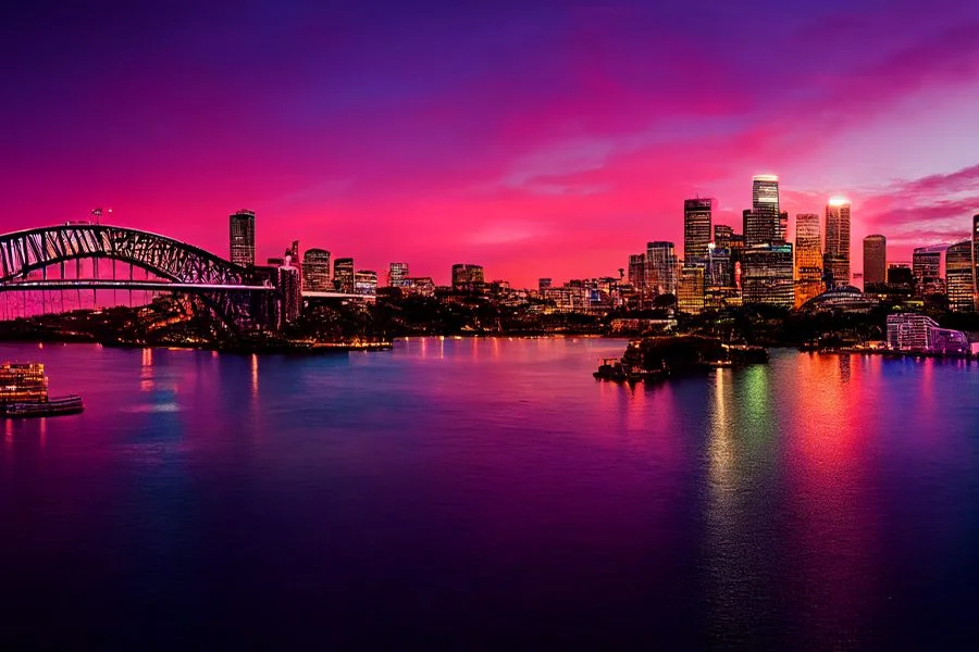 Generated images can be near-photo quality in some cases. Midjourney output of ‘city skyline at sunset, pink and purpose, Sydney Harbour, detailed’. Under a CC BY 4.0 license.