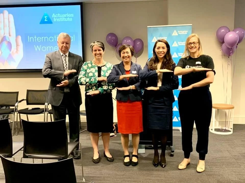 Michelle Ng (second from right) at the Actuaries Institute's 2020 International Women's Day celebrations. Also in the photo are (from left) Michael Rice, Jennifer Lang, Hoa Bui and Leesa Petty.