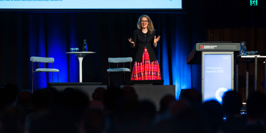 Danielle Wood speaks on stage at the 2026 All Actuaries Summit, Melbourne Convention and Exhibition Centre.Danielle Wood speaks on stage at the 2026 All Actuaries Summit, Melbourne Convention and Exhibition Centre.